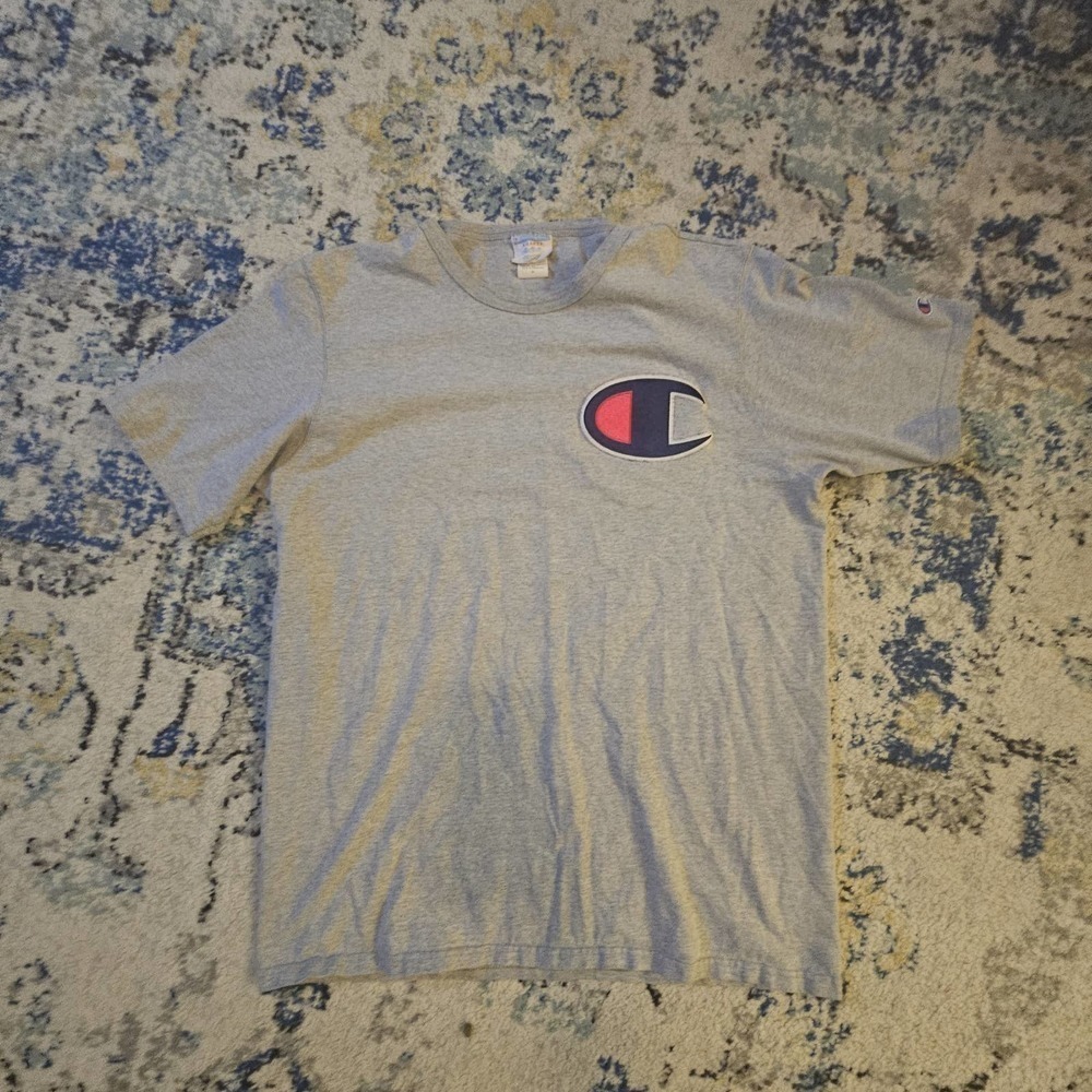 Vintage Champion gray t shirt, with large Champion emblem on leftside, sz XL
